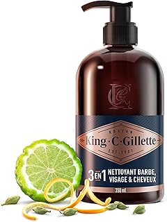 Gillette King C Nettoyant 3-en-1 Pour Barbe, Visage Et Cheveux, Revitalise Et Nettoie En Profondeur, Conçu Pour La Routine De Soin Quotidien, Doté D’Un Parfum Masculin, Formule Avec De L’Huile D’Argan
