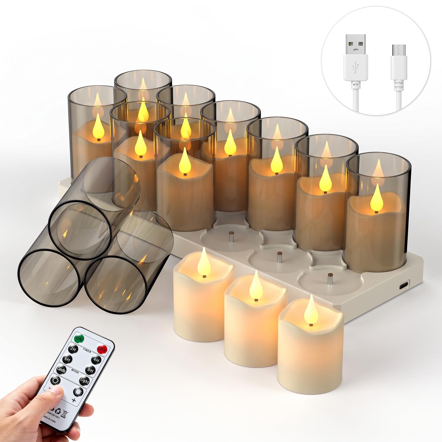 Broyal 12er LED Teelichter Aufladbar mit Ladestation und Fernbedienung