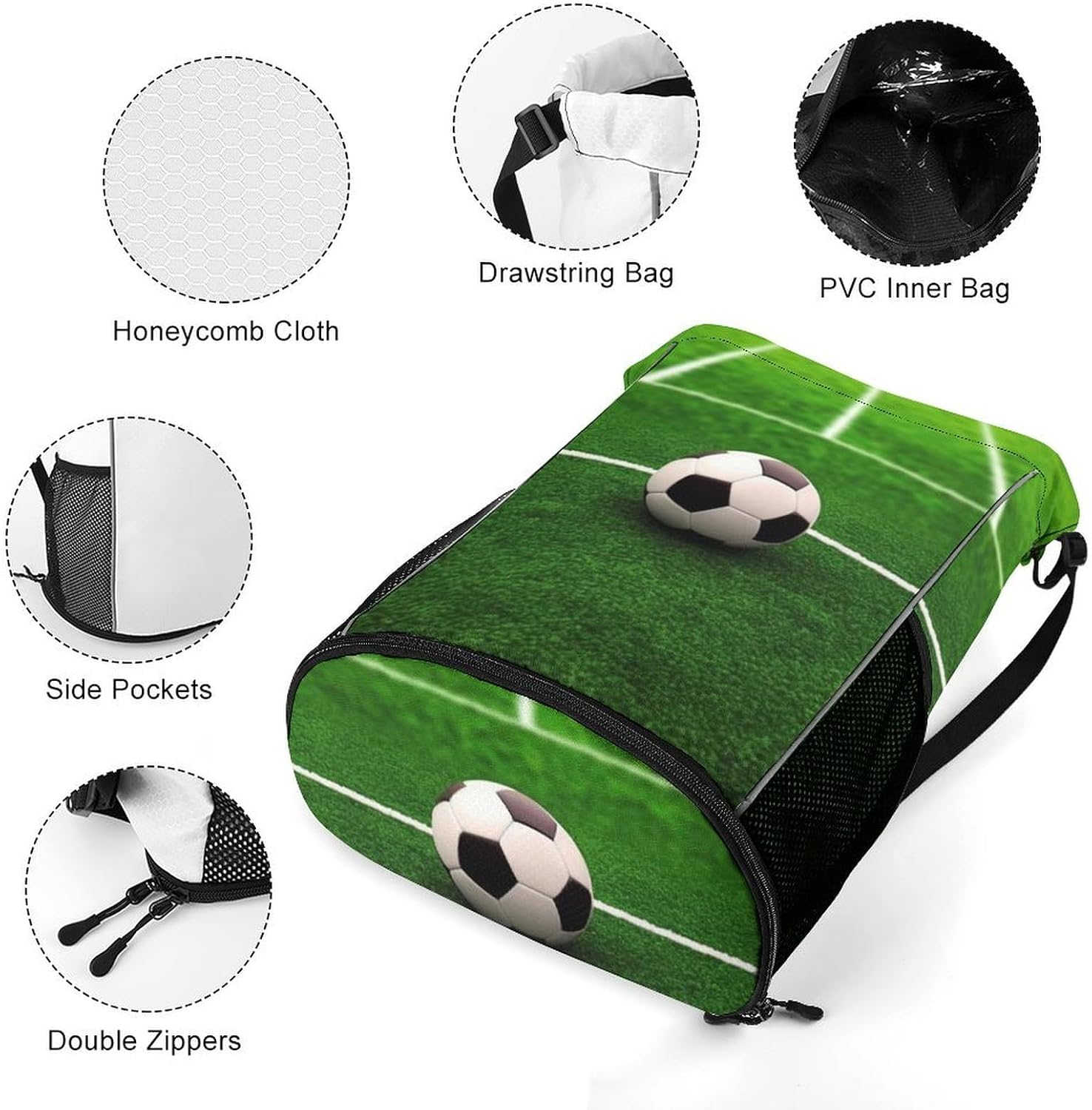 Green Grass Field Soccer Playground The Ball Drawstring Backpack with Wet Pocket - Large Capacity Gym Bag with Shoe Compartment & Mesh Pockets, Adjustable Lightweight Gym Backpack for Swimming, Travel