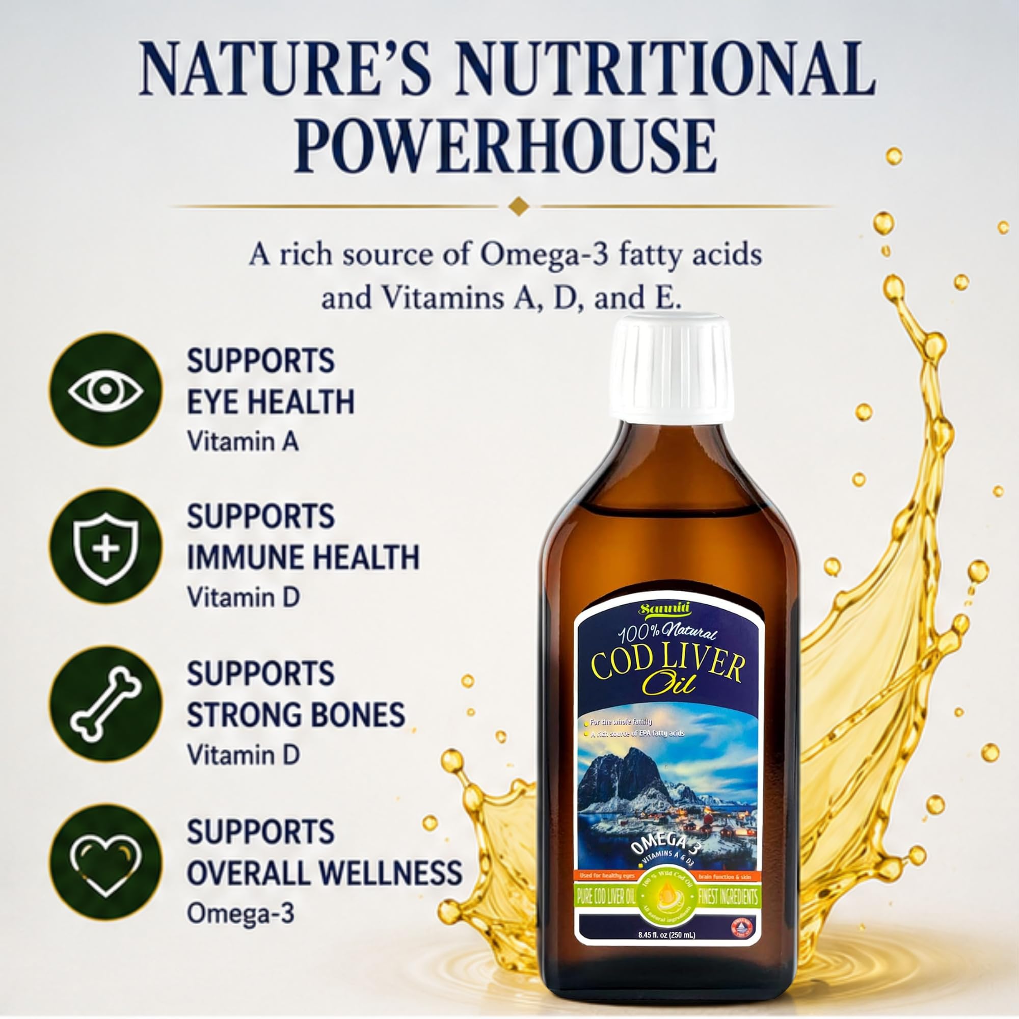 Sanniti 100% Cod Liver Oil, 8.4 fl oz | Pure Norwegian Cod Liver Oil | Natural Flavor | Omega-3 Fatty Acids with Vitamins A, D & E | Finest Ingredients — Amazon image 5