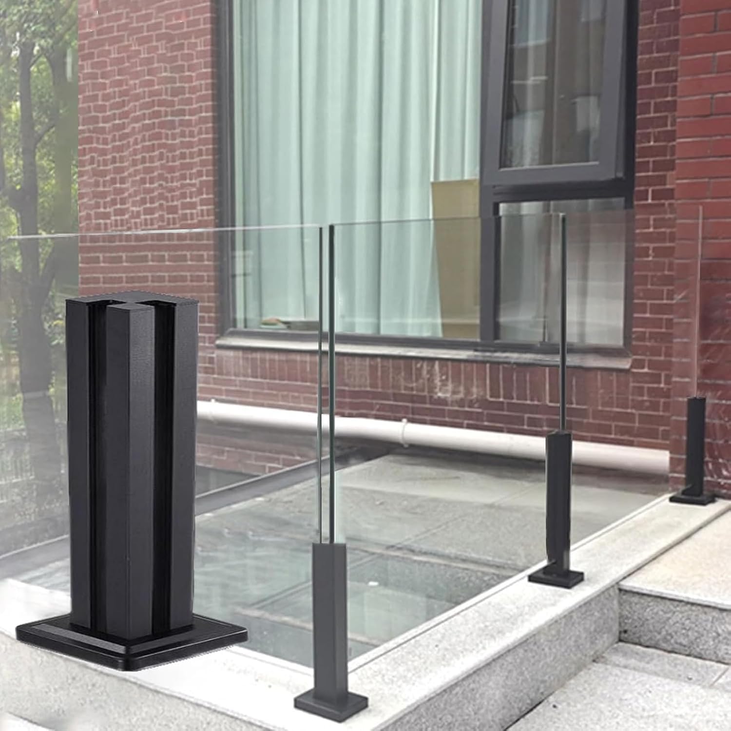 Stainless Steel 304 Glass Stair Railing Post with Clamp & Rubbers, Black Metal Balustrade for Stairs, Terraces & Garden - 80cm/31.5in Height End Post