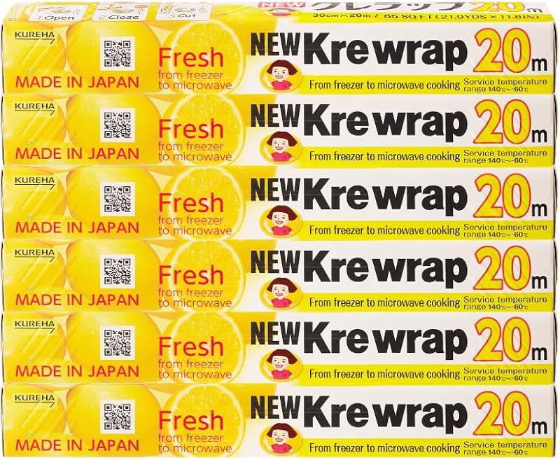 KUREHA Krewrap Envoltorio plástico transparente, paquete de 6, 65 pies cuadrados por rollo, transparente