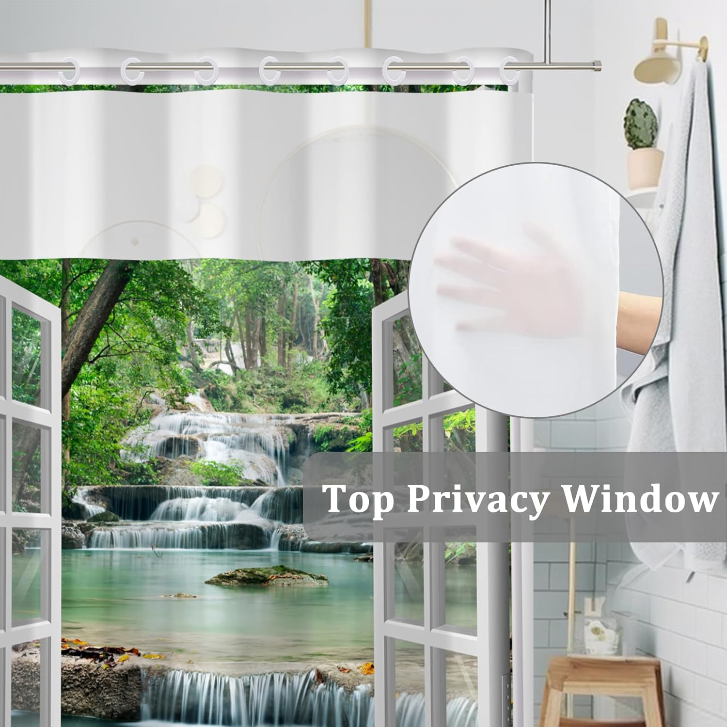 Baocicco No Hook Shower Curtain with Snap in Liner Nature Landscape Summer Forest River Jungle Waterfall Lake Waterproof No Hook Fabric Window Scenery Shower Curtains Set for Bath Bathtub 71x74 Inch