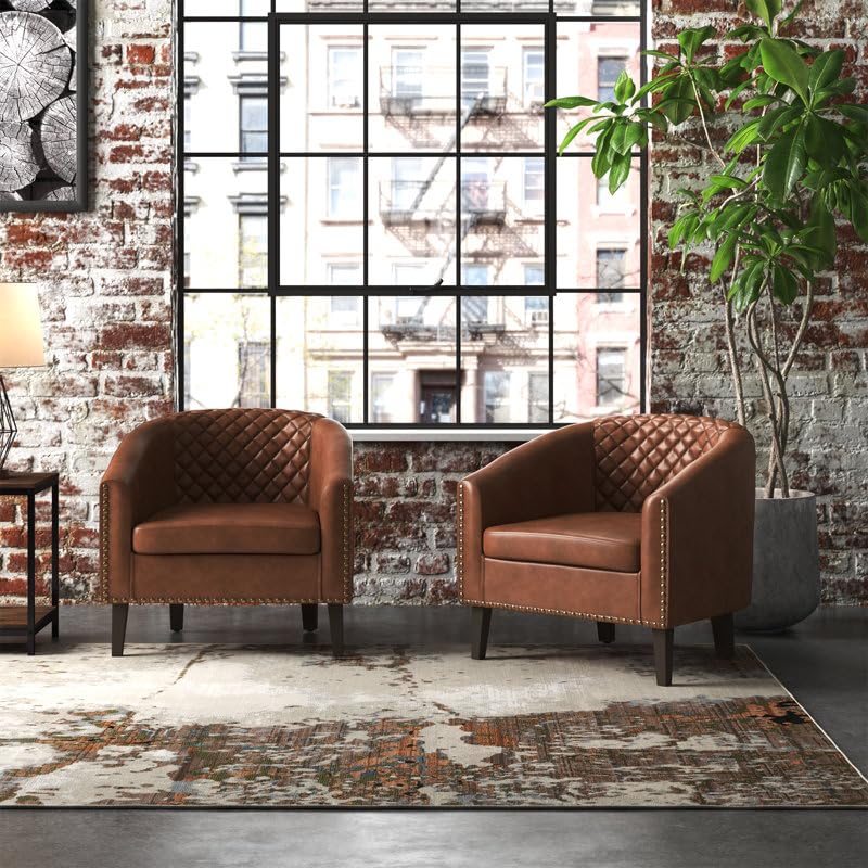 Decorlevel 2- Piece 29" Wide Tufted Faux Leather Barrel Club Chair Faux Leather Club Chair, Arm Chair, Wing Chair, Cushioned Lounge Single Seater Chair for Living Room Office Bedroom. (Brown)-image-44