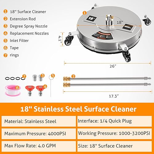 Miniatura 3 de WICHEMI Máquina de limpieza de vapor multiusos de alta temperatura de 1800 W + limpiador de superficies de lavado a presión de 18 pulgadas con 4