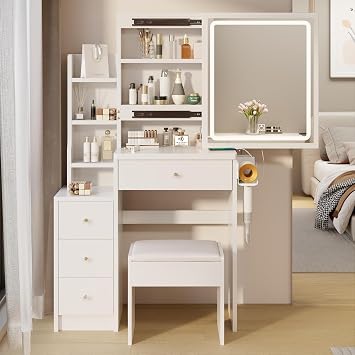 BNSPLY 29.2" W Small Vanity Desk with Mirror and Lights, White Makeup Vanity Set with 4 Drawers and 5 Shelves, Dressing Table with Power Station, Hair Dryer Bracket, for Bedroom, Girls and Women