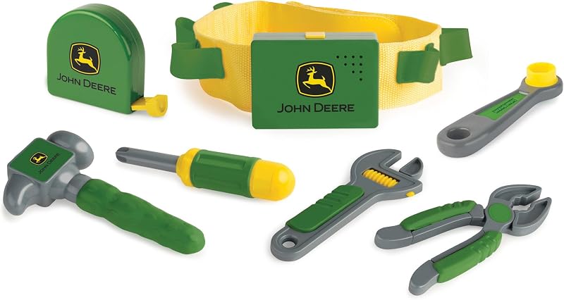 John Deere Deluxe Talking Toolbelt - 7-Piece Kids Tool Set - Interactive Construction Toys - Interactive Toddler Tools Playset - Green - 7 Count - Preschool Toys Ages 2 Years and Up | 7-Piece Toddler Tool Set, Sound Effects, Interactive Toddler Tools, Officially Licensed John Deere, Ages 2 Years+