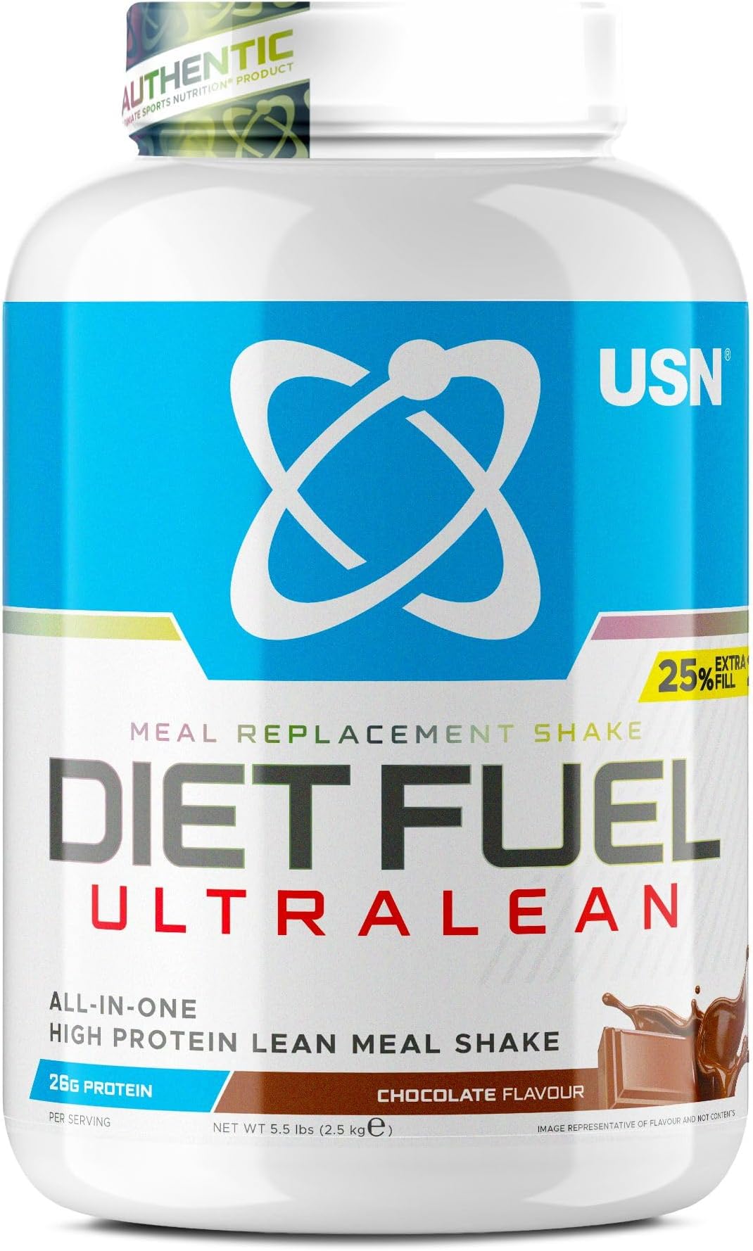 USN Diet Fuel Ultralean Meal Replacement Shake Powder, Chocolate Flavour - 2.5kg, High Protein Shake Powdered Drink Mix, Low Calorie Diet & Weight Control Powder, 25g Protein