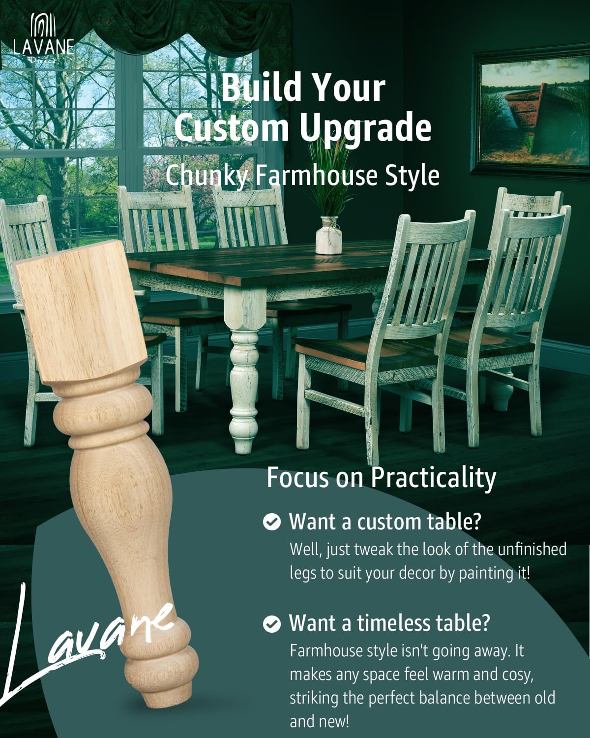 29x3.5x3.5 inch Wooden Chunky Farmhouse Table Legs, Set of 4 Solid Wood Massive Unfinished Turned Replacement Countertop Legs Kitchen Island Cabinet Columns for Bench Coffee Table Dining Table