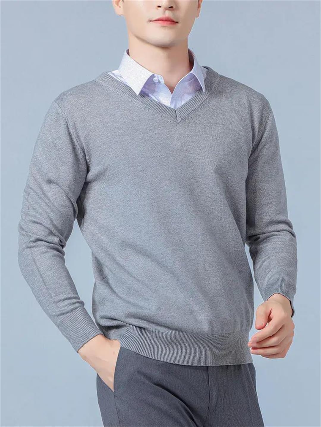 Men's V-Neck Pullover Sweater Cashmere Wool Blend Loose Fit Soft Warm Basic Business Knitted Top