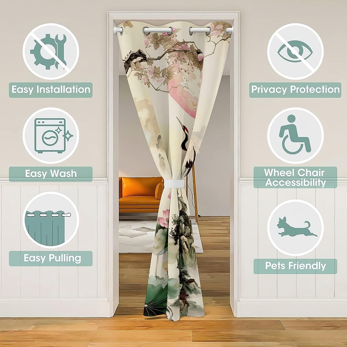 Red Crowned Crane Door Curtain Watercolor Lotus Floral Darkening Blackout Doorway Curtain Chinese Painting Style Closet Curtain Natural Scenery Drape for Bedroom Privacy 1 Panel 42" W X 80" L