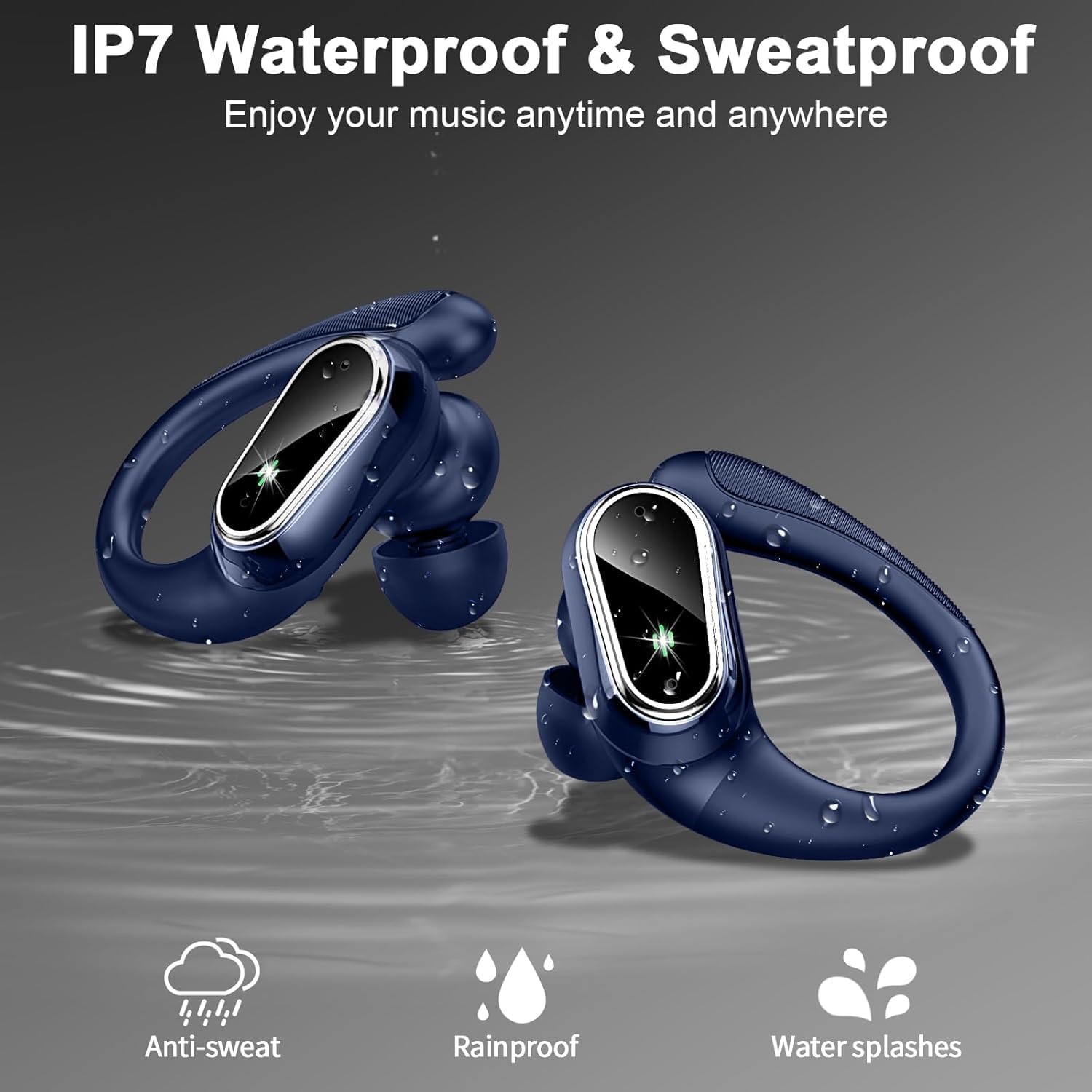 Cuffie Bluetooth Sport, Auricolari Bluetooth 5.3 Wireless con 4 ENC Cancellazione Rumore Mic, 50 Ore HiFi Stereo Cuffie Wireless, IP7 Impermeabile, Cuffiette Bluetooth con LED Display, USB-C, Blu