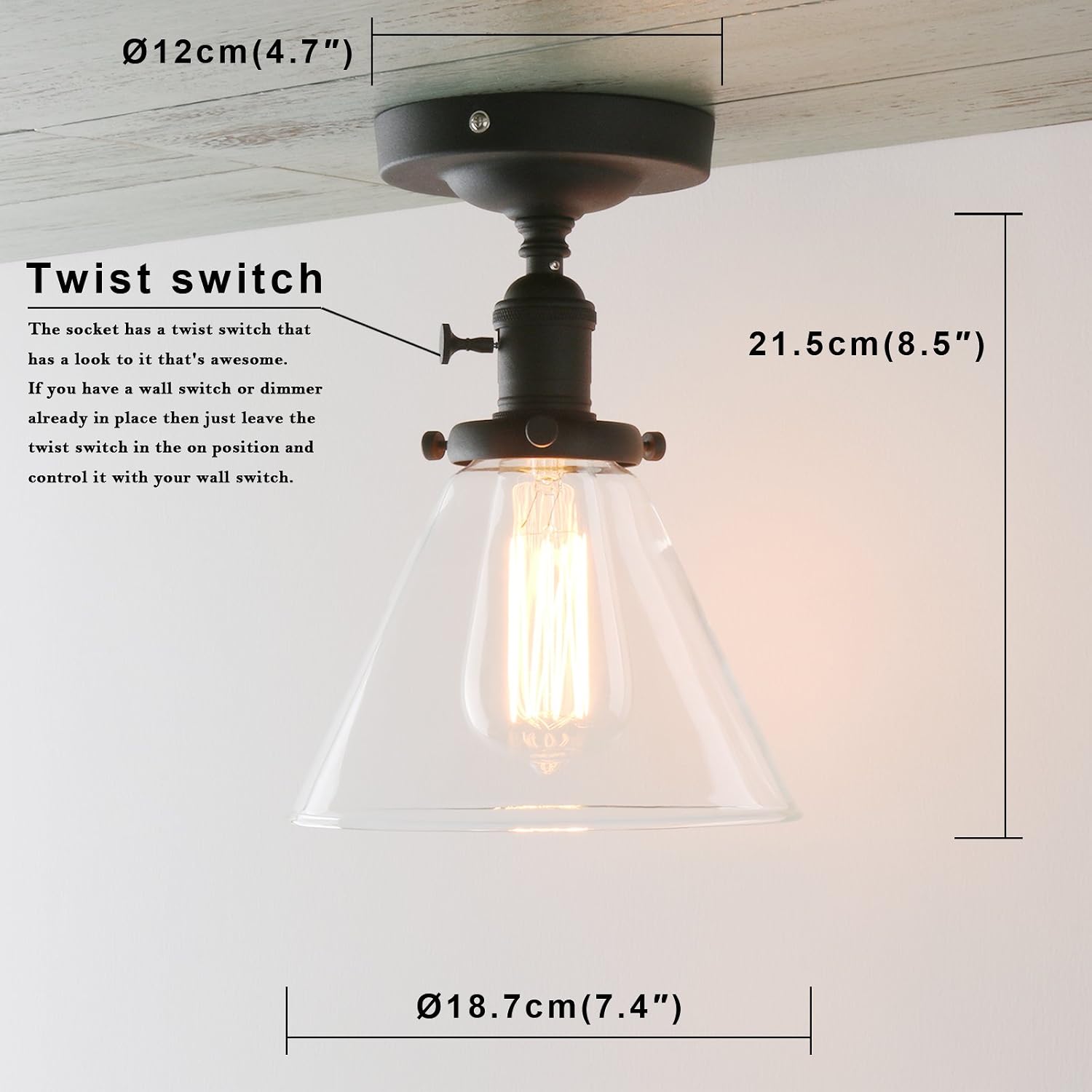Bеѕt Quаlіtу 🔥 Permo Vintage Industrial Semi Flush Mount Ceiling Light Fixture Pendant Lighting with Funnel Flared Clear Glass Shade (Black)