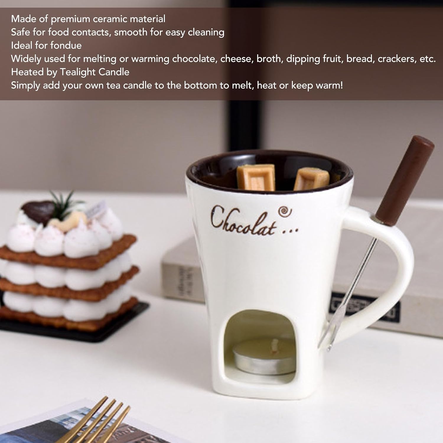Single Chocolate Melting Mug, Ceramic, Candle-Heated, With Fork, Dishwasher Safe, Ceramic Butter Warmer for Dessert Fondues and Party Serving