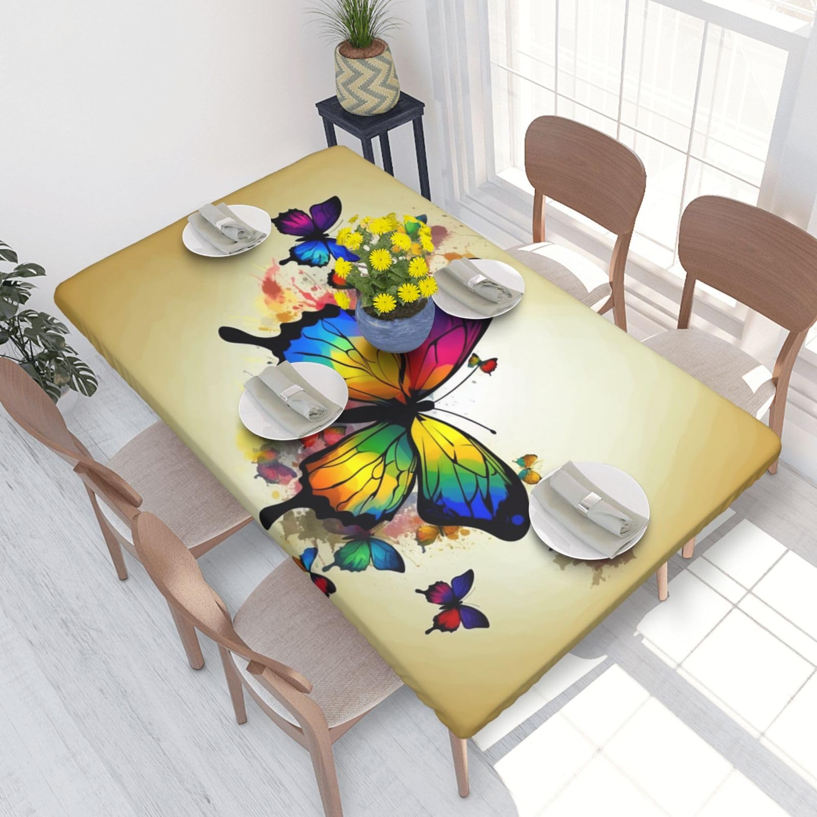 Color Butterfly Waterproof Square Table Cover Elastic Fitted Tablecloth Oil Proof Table Protector For 4ft Table