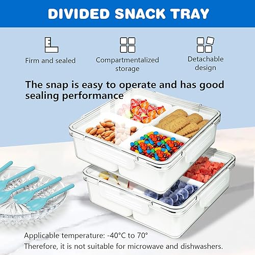 Miniatura 3 de 2 Pack Sealed 4 Compartment Snackle Box Container, Divided Food Serving Trays & platters with Lid for Snack, Fruit, Vegetable, Fish, Meat,