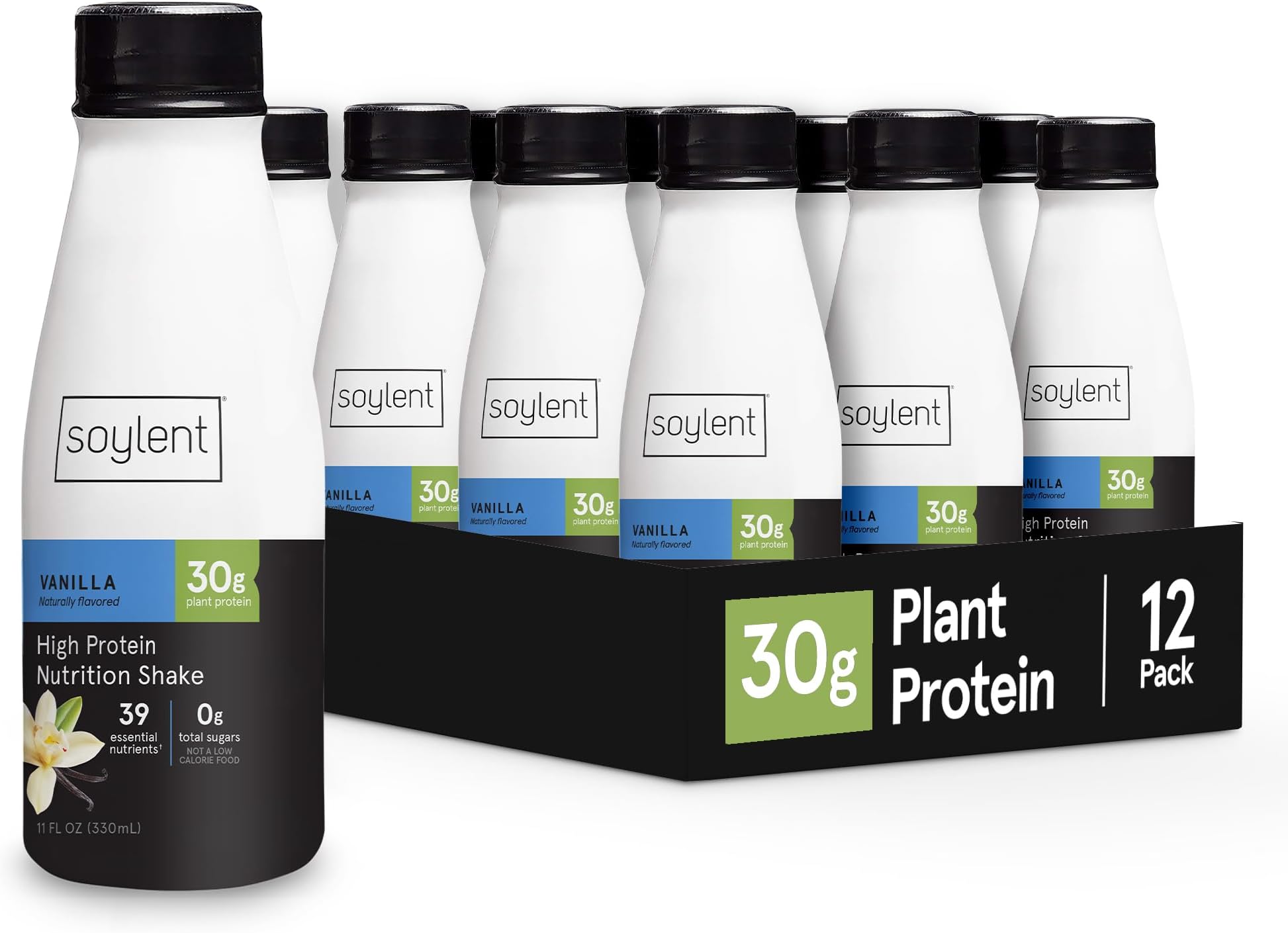 Soylent Complete Protein Shake, Vanilla, 30g Protein, Vegan, Dairy Free and 0g Sugar, Ready to Drink Protein Drinks, 11oz (12 Pack)