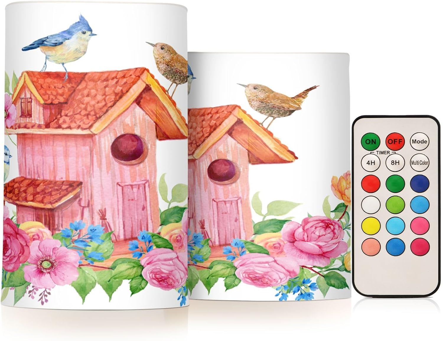 AoKaWe 2 Pack Birdhouse Birds Flowers Flameless Candles