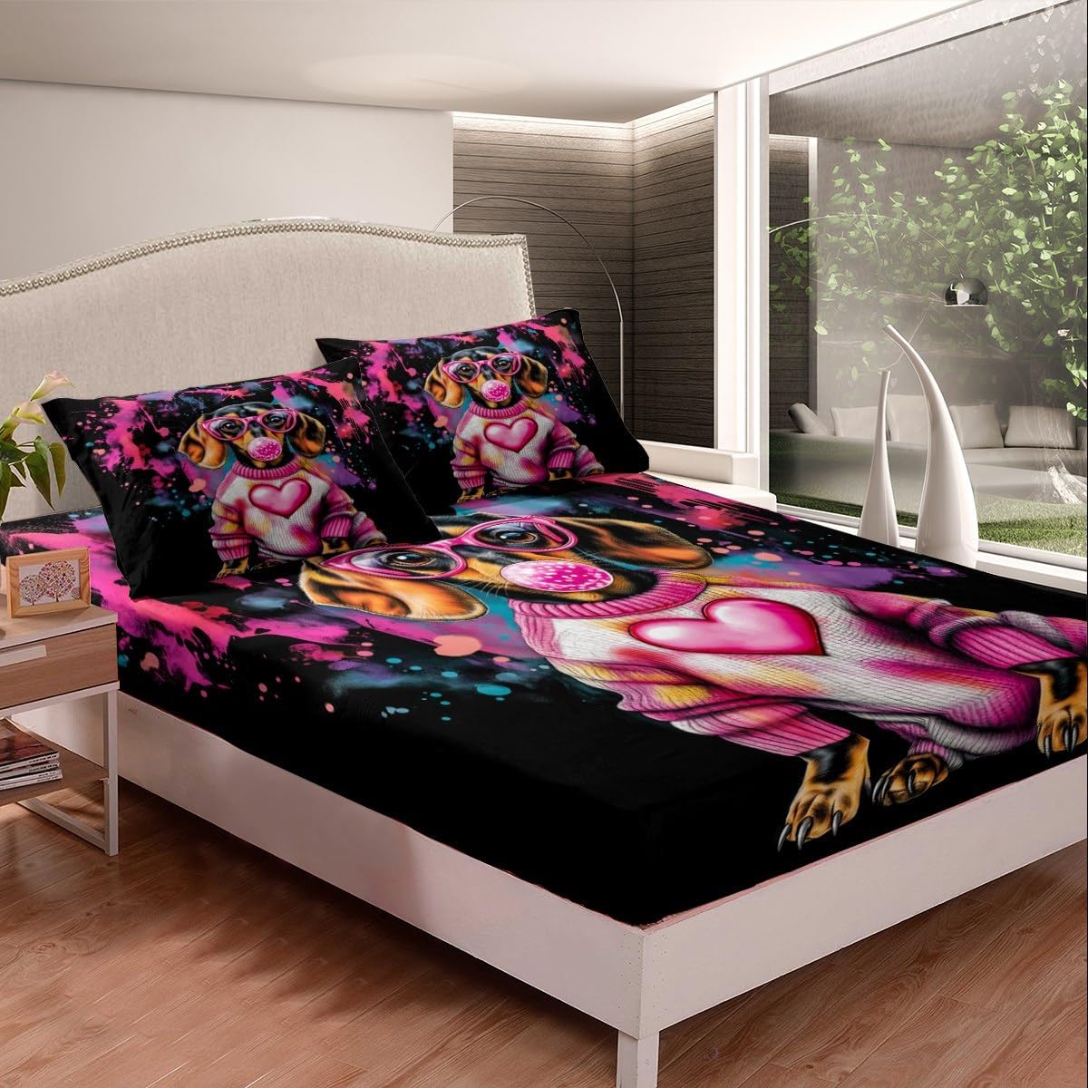 Manfei Dachshund Fitted Sheet Set Twin Size 3 Pcs,Dog Animals Watercolor Graffiti Bed Sheet Set for Bedroom Decor,Lovely Puppy Pet Lover Bedding Set with 1 Flat Sheet 1 Pillowcase