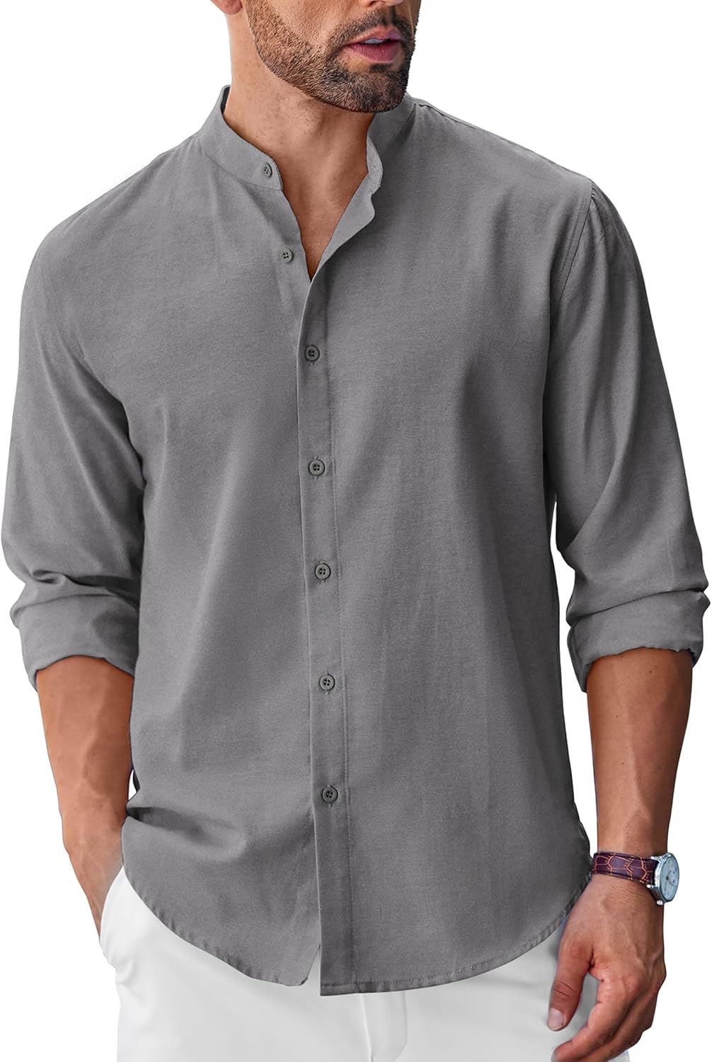COOFANDY Men's Long Sleeve Oxford Dress Shirts Button Down Shirt Casual Band Collar Shirts