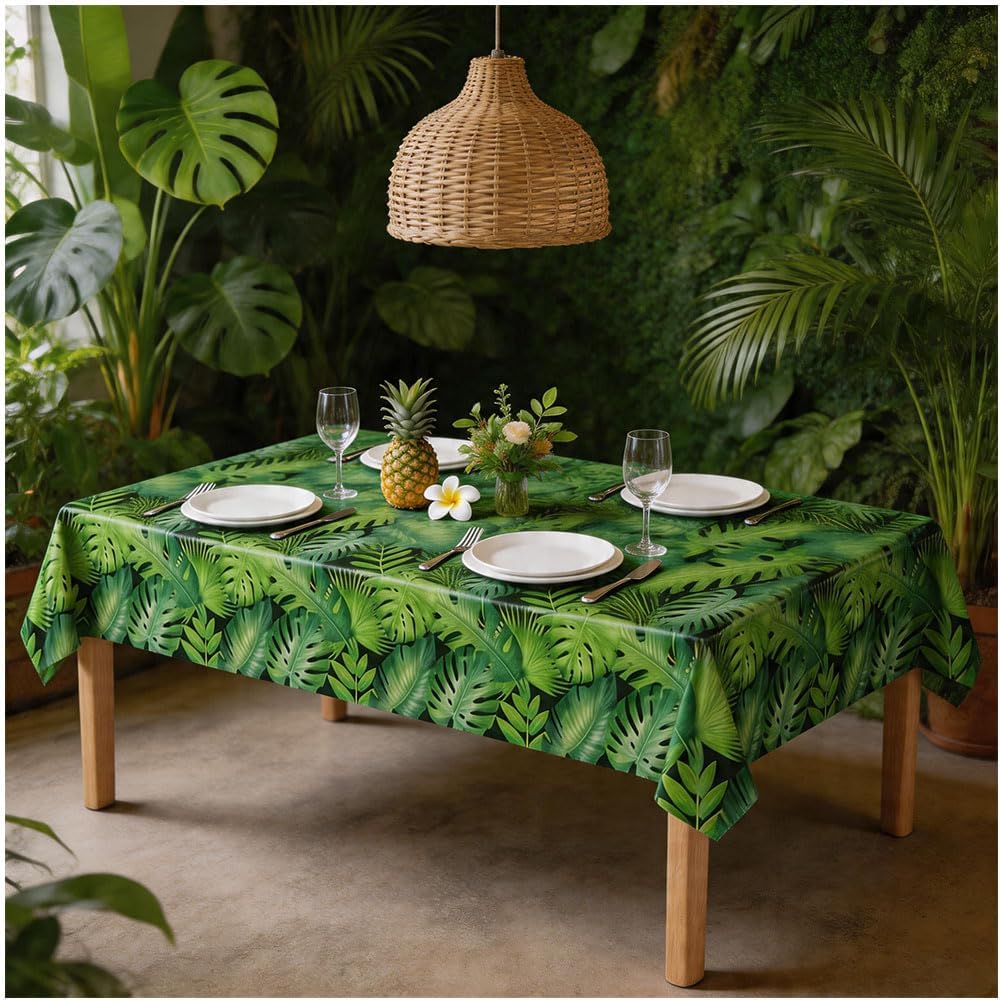 2Pcs Green Palm Leaf Hawaii Tropical Tablecloth Plastic Disposable Jungle Safari Plants Table Cover Summer Aloha Luau Party Decorations Supplies Rectangular Tablecover 54x108 Inch
