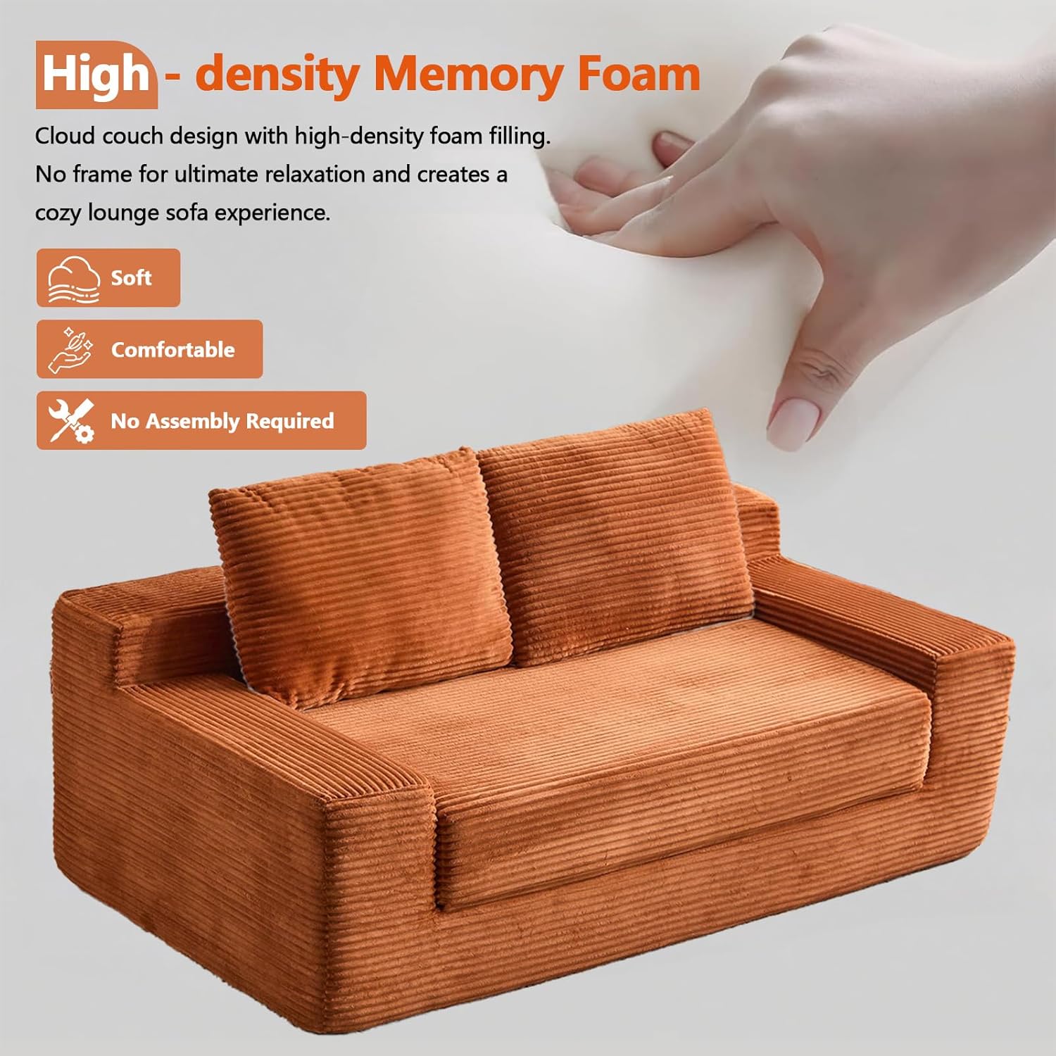 72” Boneless Loveseat Sofa Bed, Small Boneless Futon Couch Bed for Bedroom, Convertible Cloud Loveseat SleeperPlush Corduroy Memory Foam/Free Assembly (Orange)