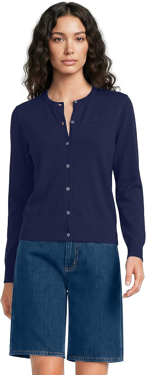 Lands' End Women's Fine Gauge Cotton Crew Cardigan Sweater