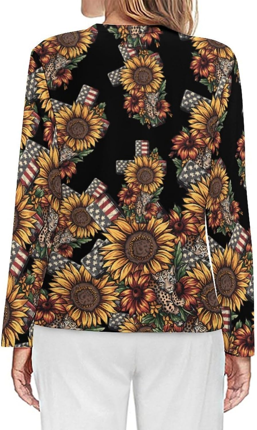 4th of July Leopard Sunflower Crosses Women's Pajama Top Sleepwear Pajamas Sleep T-Shirt Long Sleeve Shirt Crewneck Tee