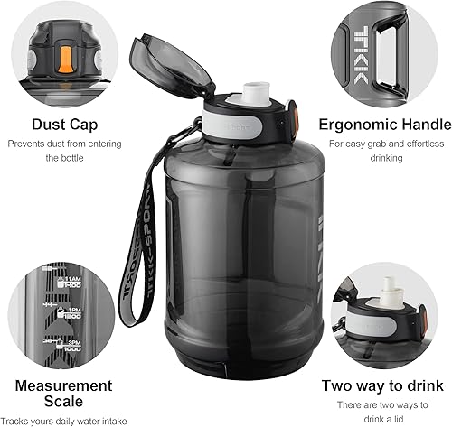 Miniatura 8 de TKK Botella de agua de medio galón de 64 onzas con tiempos para beber, jarra de agua grande de 64 onzas con pajilla, correa y asa, botella de agua