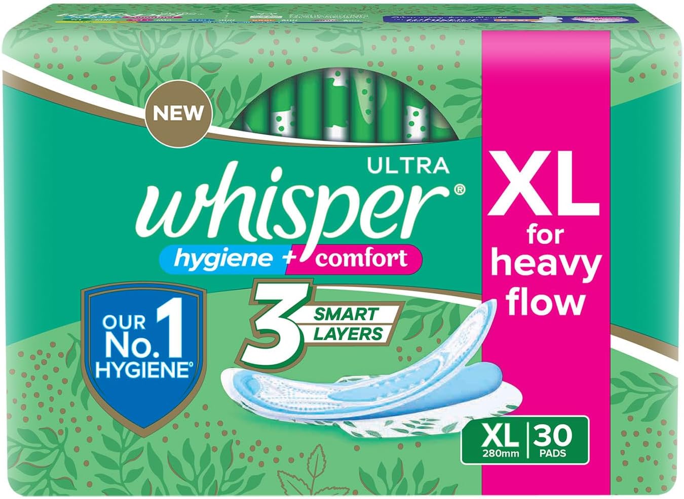 Ultra Hygiene+Comfort Sanitary Pads, 30 XL Pads, XL for Heavy Flow, Ultimate Protection & Comfort, Locks Odour & wetness, Cotton like soft top layer, Disposable Wrapper