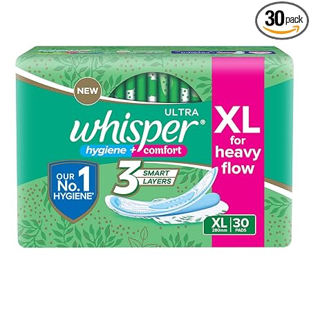 WHISPER ULTRA HYGIENE+COMFORT SANITARY PADS, 30 XL PADS, FOR HEAVY FLOW, LONG LASTING PROTECTION, LOCKS ODOUR & WETNESS, DRY TOP SHEET, DISPOSABLE WRAPPER