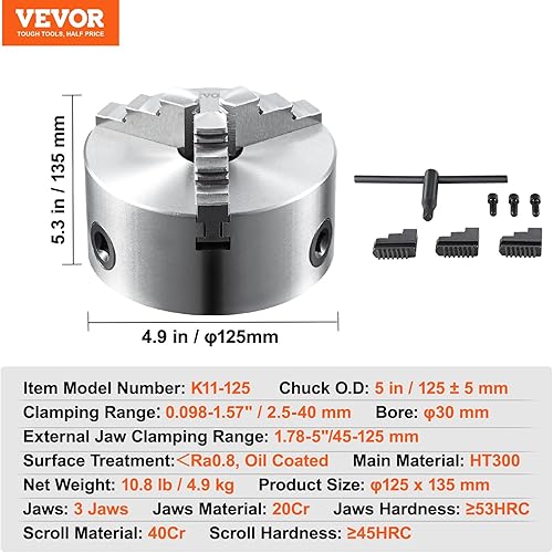 Miniatura 7 de VEVOR Mandril de torno de 3 mandíbulas, 5 pulgadas, mandril de torno autocentrante, rango de sujeción de 0.1-5 pulgadas0.098-4.921 in con tornillos