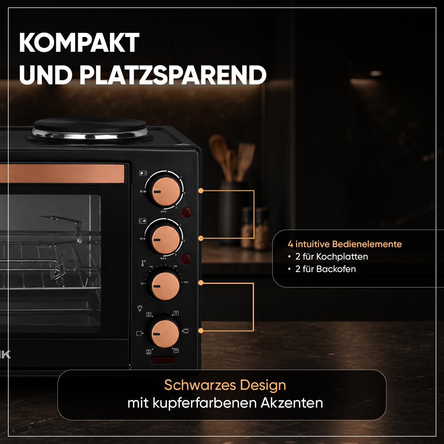 Kalorik - Minibackofen - Kochplatten 2er Elektrisch - mini Backofen 30 Liter - 2-in-1 Backofen und Kochfeld für vielseitiges Kochen und Backen, mit Umluft & Drehspieß, 3300 W, Schwarz Kupferakzent