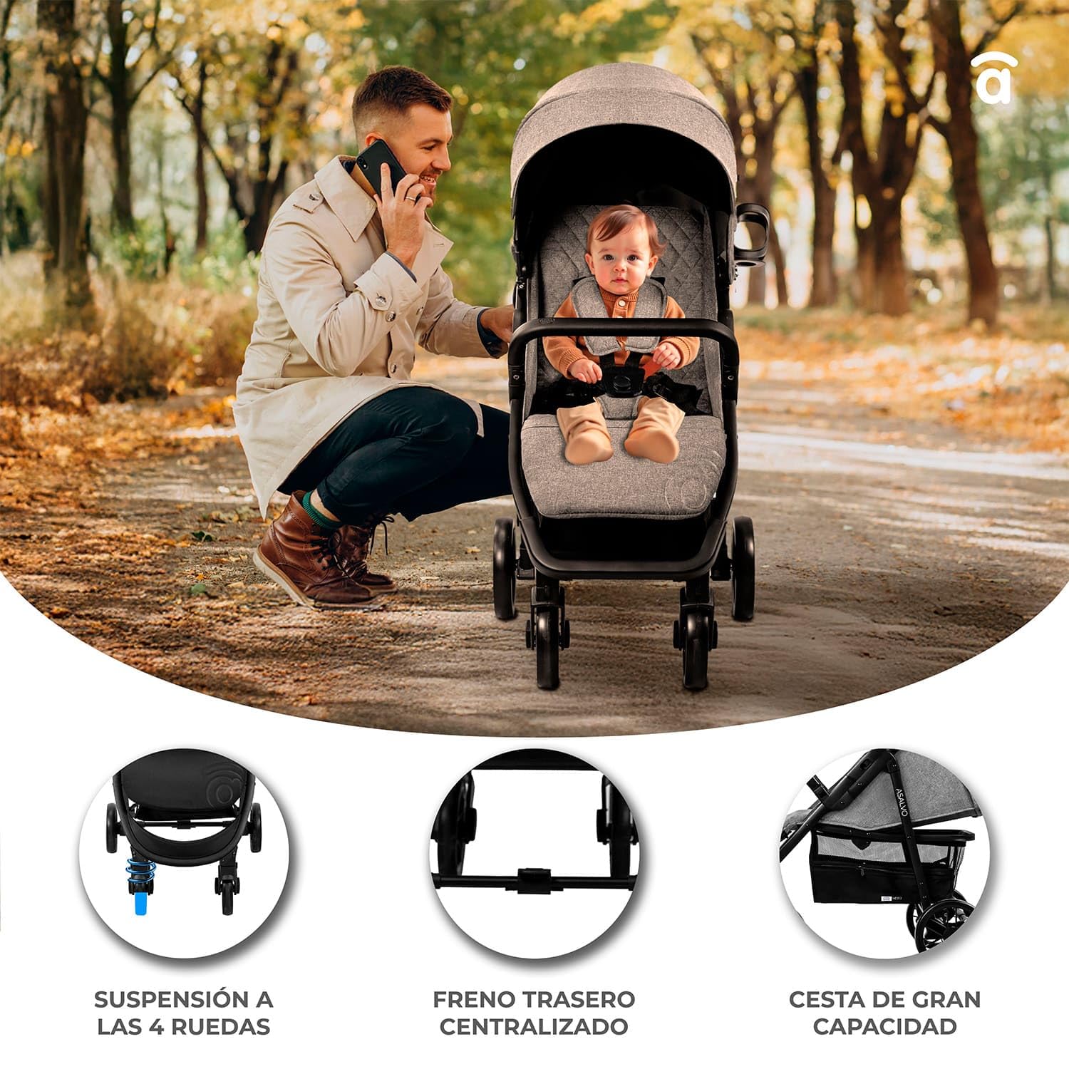 Asalvo NESS 2 Silla de Paseo para bebé, Carrito de paseo con Respaldo Reclinable, Cochecito urbano, Arnés 5 Puntos, SPF50+, Gran Capota con Ventana, Manejable y Máxima Seguridad Hasta 24 kg, Gris