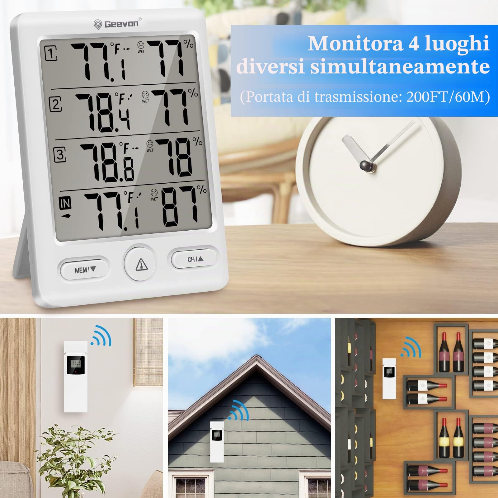 Geevon Termometro per interni ed esterni, wireless, con 3 sensori remoti, igrometro digitale, termometro per interni, misuratore di umidità della temperatura con portata di 60 m