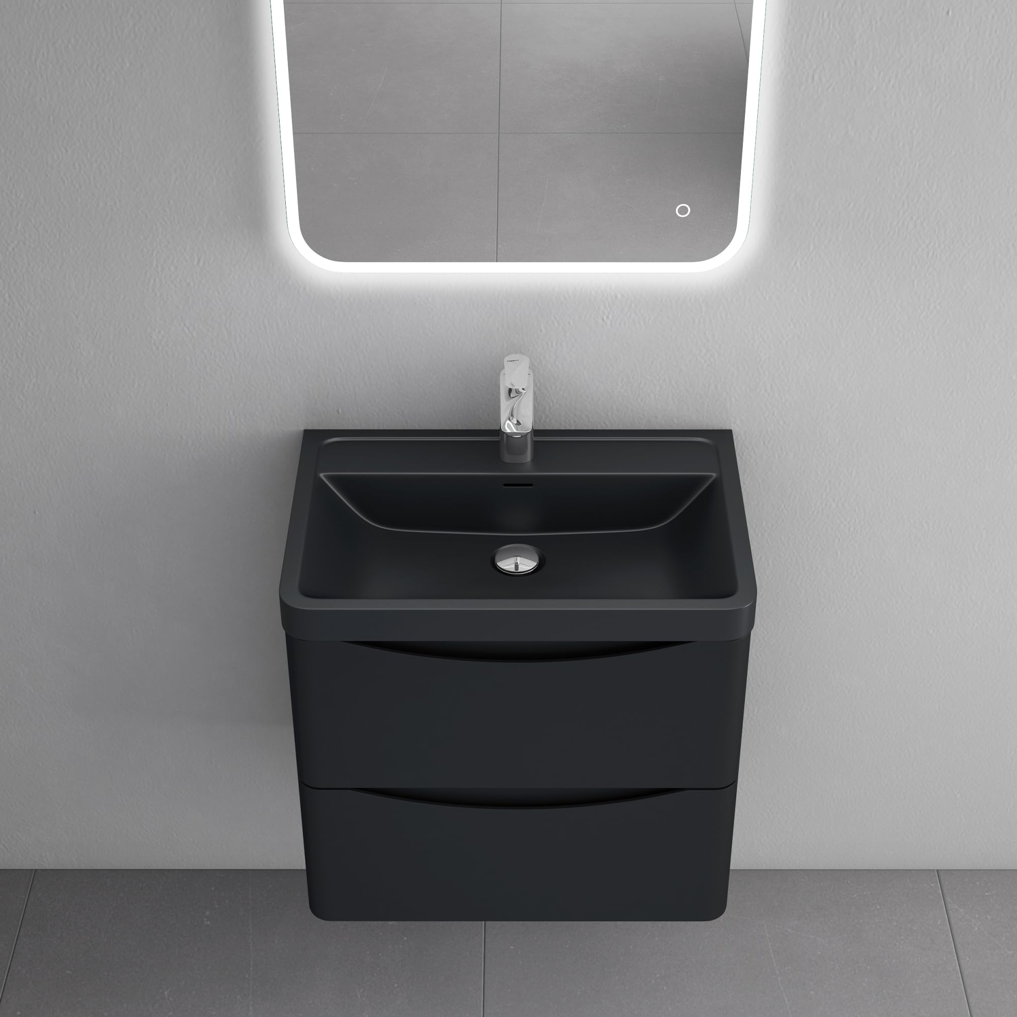 doporro Meuble de Salle de Bain Suspendus Noir Mat 60x42x50cm Ensemble de 2 Pièces Meuble avec Lavabo Design Smile-Lackier