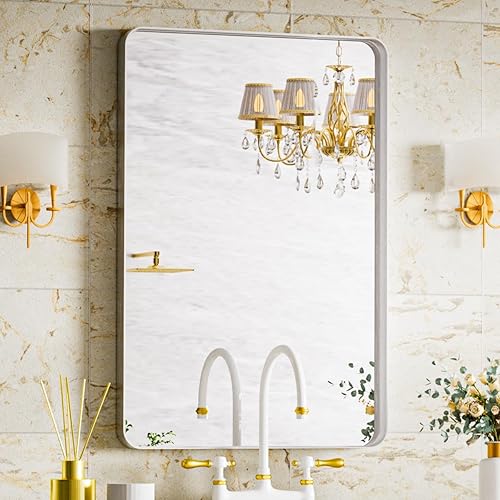 Miniatura 2 de VooBang Espejo de baño de 24 x 32 pulgadas, hermoso espejo de pared de marco profundo, moderno espejo de tocador de baño de esquina redonda para