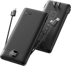 10000mAh Portable Charger, AC Wall Plug & Built-in Cables, Black | 1pack, Slim Battery Pack, LED Display, for Business Travel, Compatible with iPhone & Samsung
