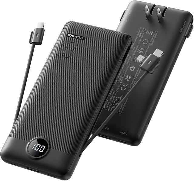 10000mAh Portable Charger, AC Wall Plug & Built-in Cables, Black | 1pack, Slim Battery Pack, LED Display, for Business Travel, Compatible with iPhone & Samsung