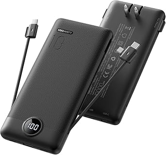 Portable Charger with Wall Plug, Slim USB C Power Bank with Built-in Cables, 10000mah LED Display External Battery Pack Compatible with iPhone/Android & More Black