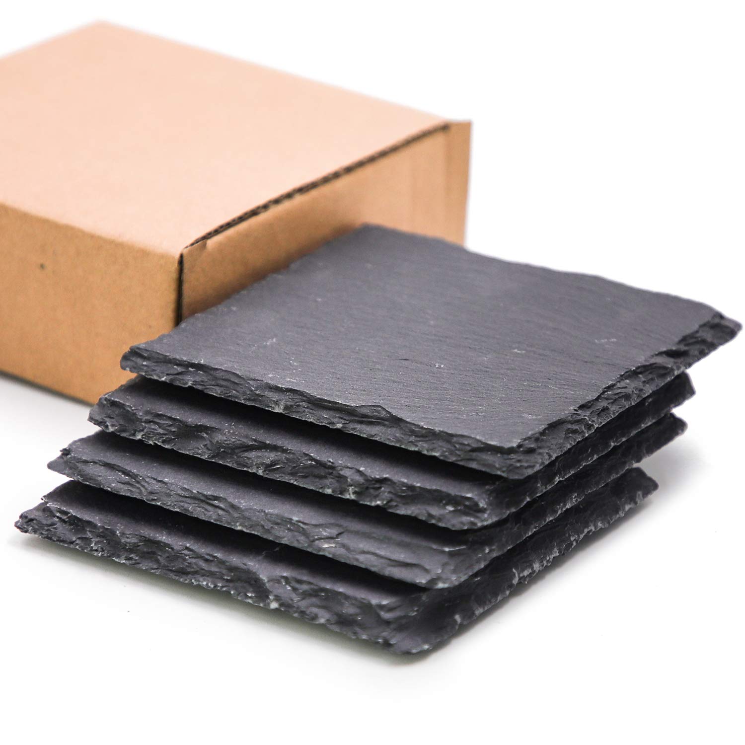 TOSSOW Slate Stone Coasters Set,4 PCS Black Square Cup Coaster,Natural Edge Drinks Stone for Bar Kitchen Home,3.93inch