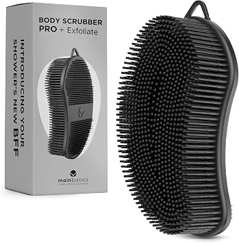 MainBasics Silicone Body Scrubber Dual-Sided, Black, Exfoliate | Shower Exfoliator for Men & Women, Gentle Silicone Loofah Alternative for Deep Clean