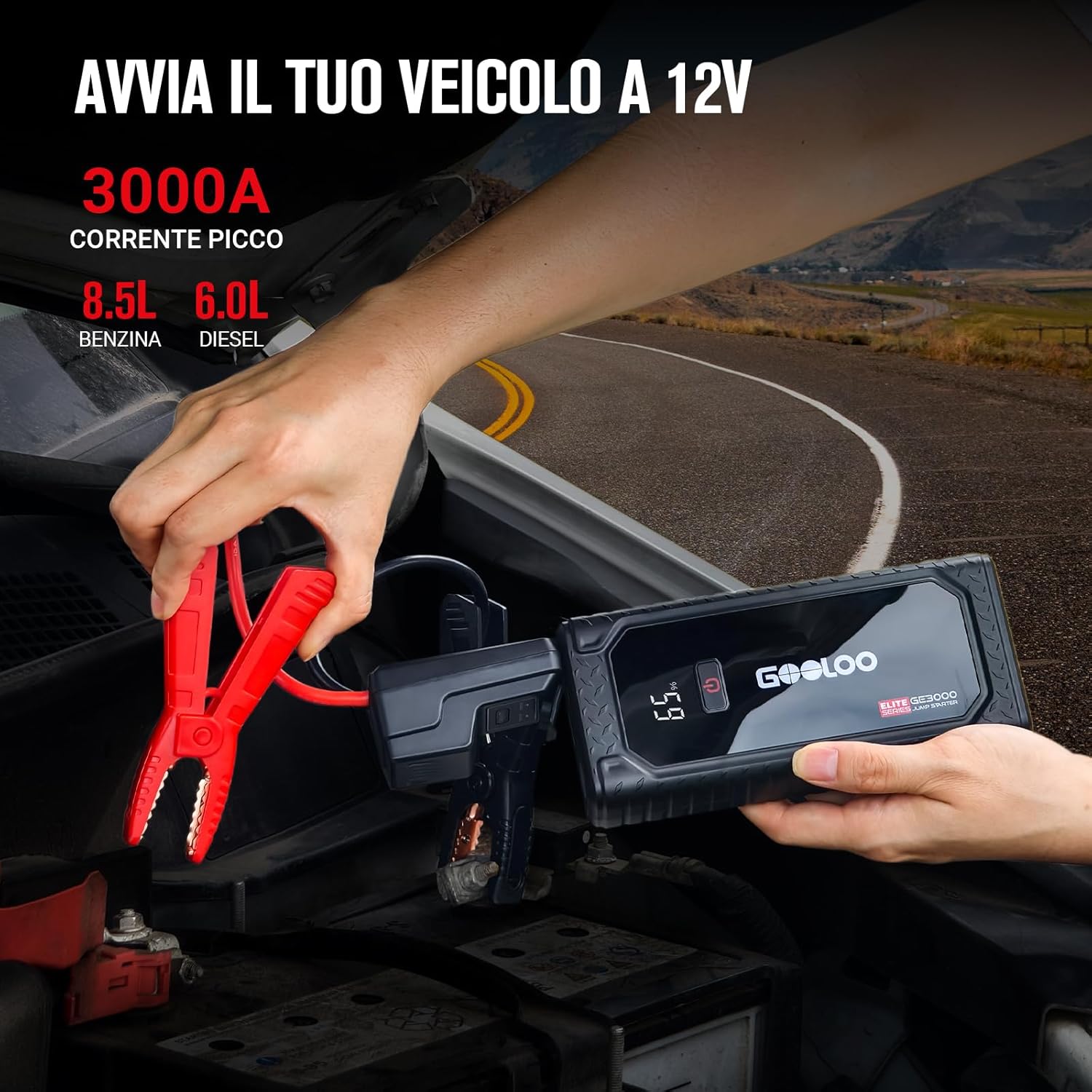 A person connecting the GOOLOO GE3000 Jump Starter to a car battery. The image highlights 3000A peak current and compatibility with 8.5L gasoline and 6.0L diesel engines.