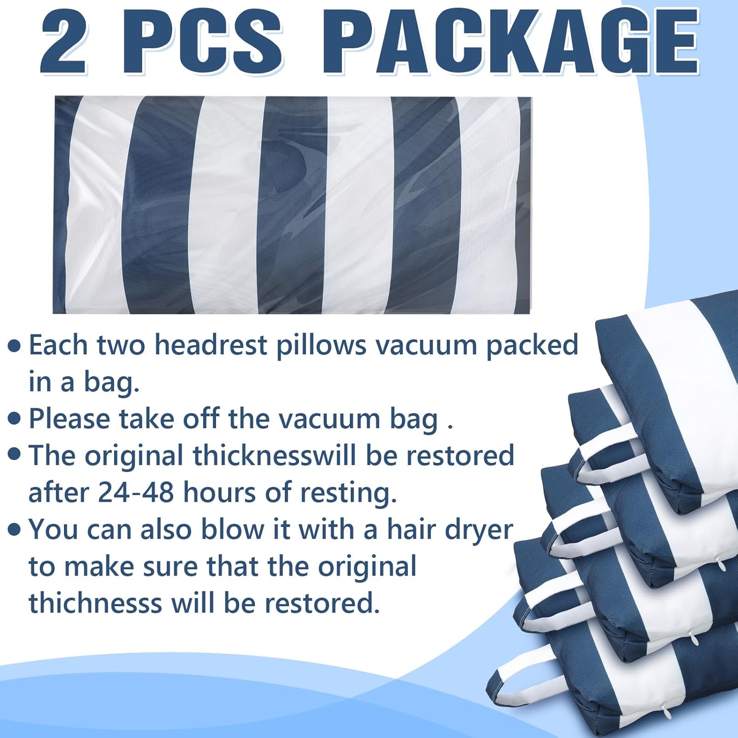 Ripeng 2 Pcs Headrest Pillow Pool Furniture Lounge Chair Pillows Patio Furniture with Adjustable Elastic Tape Band Head Support for Pool Patio Chairs Beach(Blue and White)