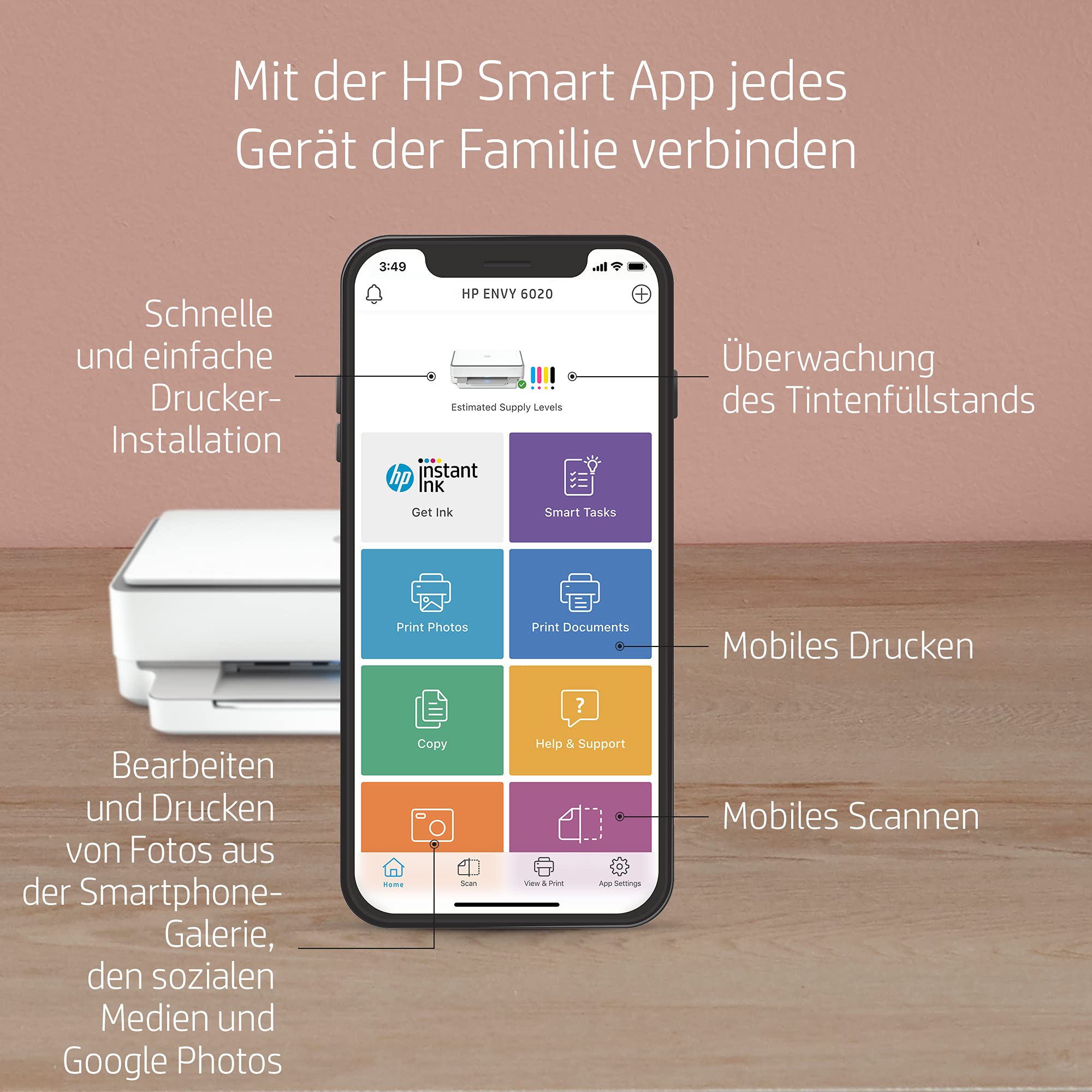 HP ENVY 6020 Multifunktionsdrucker (Instant Ink, Drucker, Scanner, Kopierer, WLAN, Airprint) inklusive 6 Monate Instant Ink