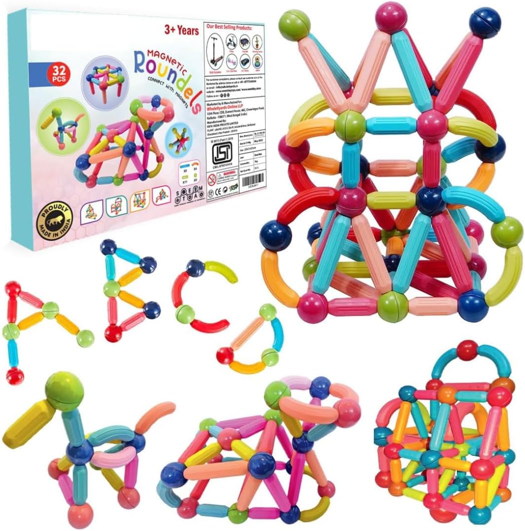 COSMOBABY Premium Magnetic Roundels Stick Building for Kids Toys for Girls Magnetic for Boys Age 3+ Years 4 to 15 Old - STEM Learning Creative Brain Development with Magnet Balls - 32 Pcs