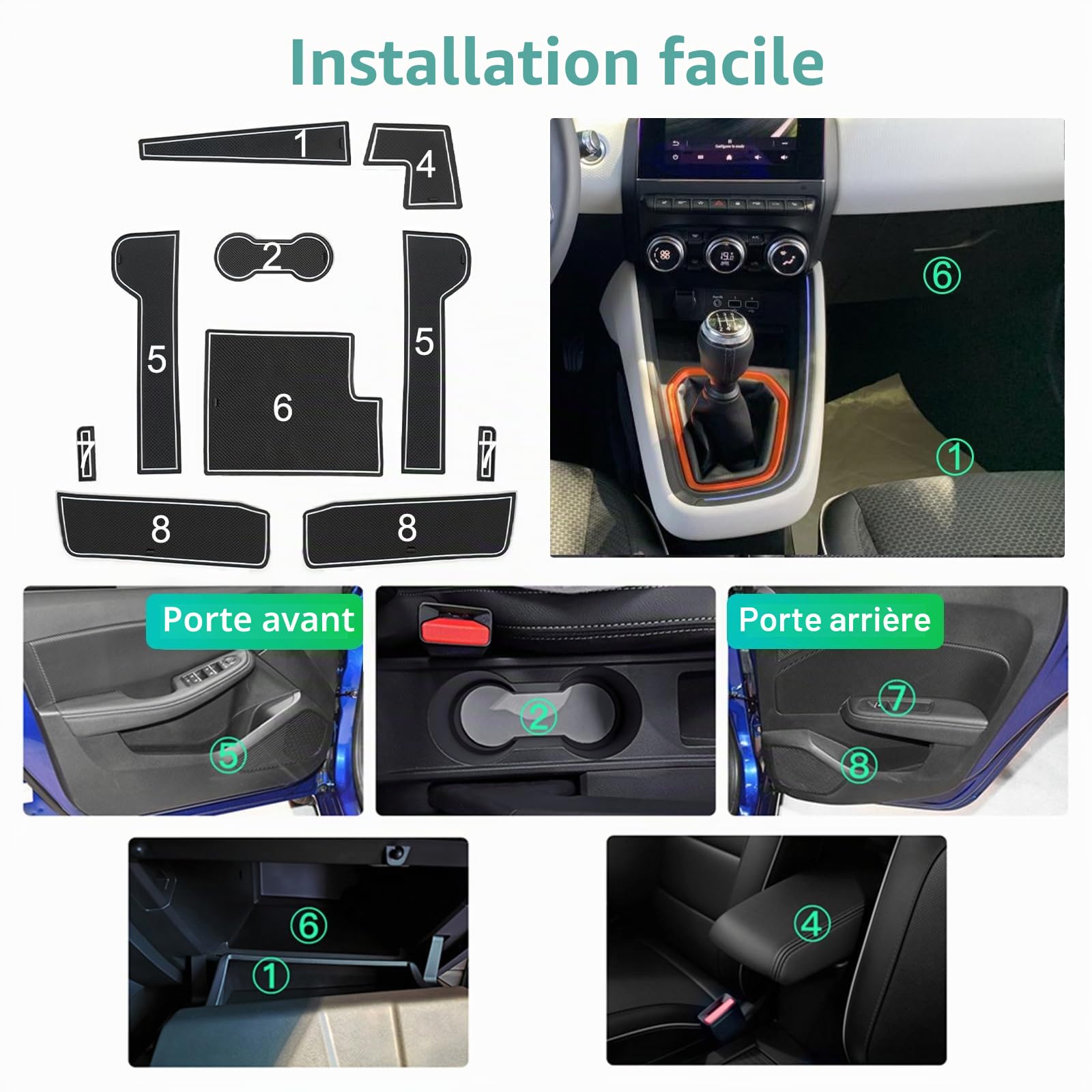GAFAT Renaul-t Clio 5 (Freins Manuels) 2020-2022 2023 Tapis Antidérapants en Caoutchouc pour Console Centrale, Clio 5 2023 Tapis de Couture de Porte (Blanc)