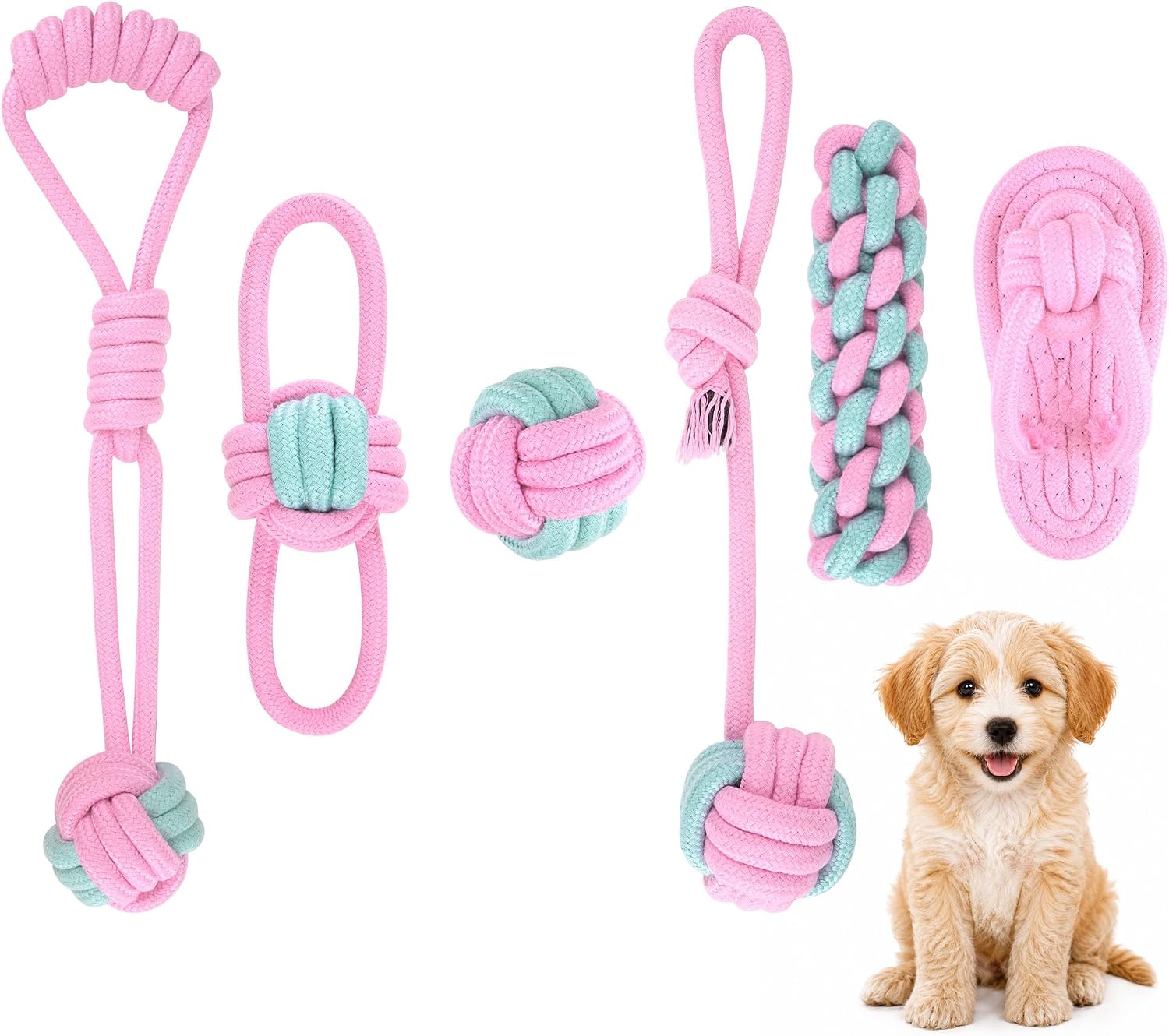 Dog Rope Toys for Puppies and Small Dogs, 6 Pack Cotton Rope Chew and Tug Toys for Teething Puppies, Tossing and Indoor Play (Pink)