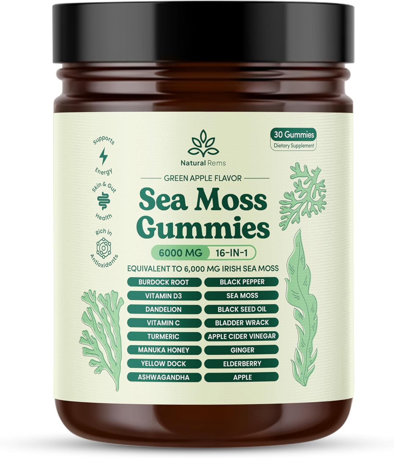 Natural Rems Sea Moss Gummies 16-in-1 – Ashwagandha Black Seed Oil Bladder Wrack Turmeric Vitamin C & D3 with Manuka Burdock Root Dandelion Yellow Dock Elderberry Apple Cider Vinegar (Green Apple)
