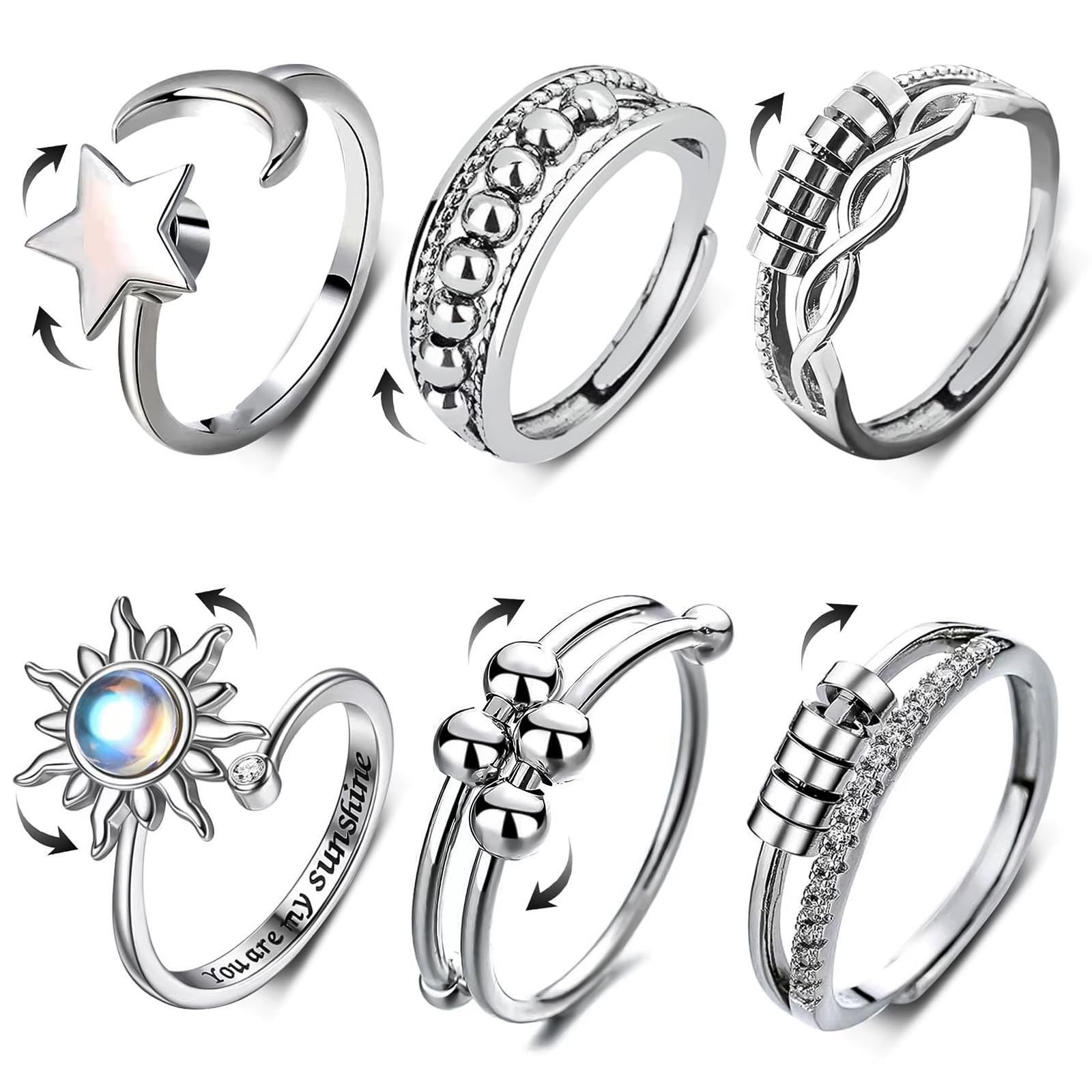 2 Stück Fidget Ringe Silber - Rotierende Anti-Stress Ringe Verstellbar